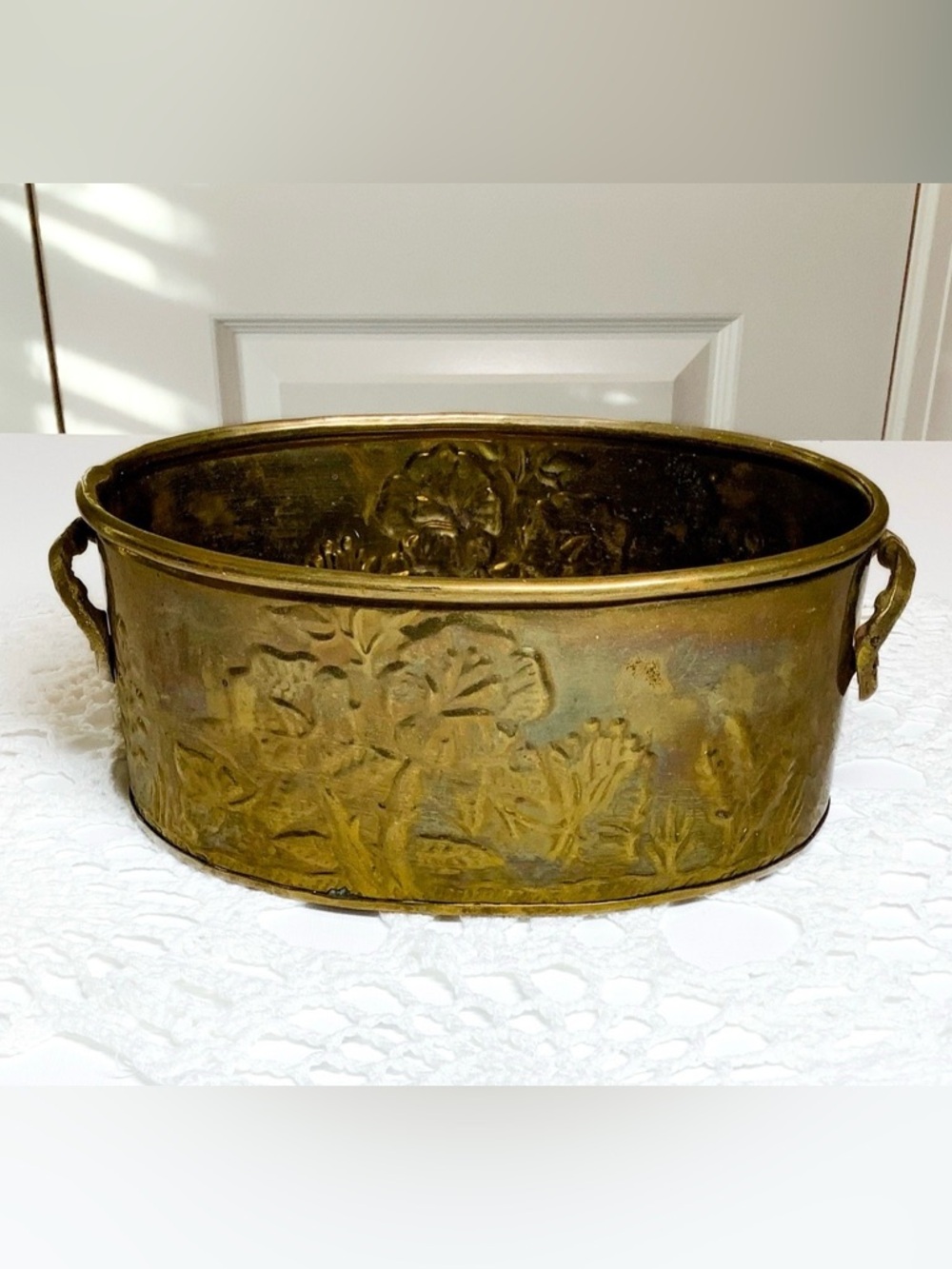 Vintage Hosley Solid Brass Embossed Floral Planter